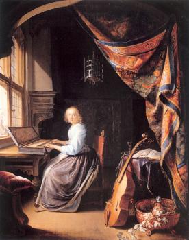 Gerrit Dou : A Woman Playing A Clavichord